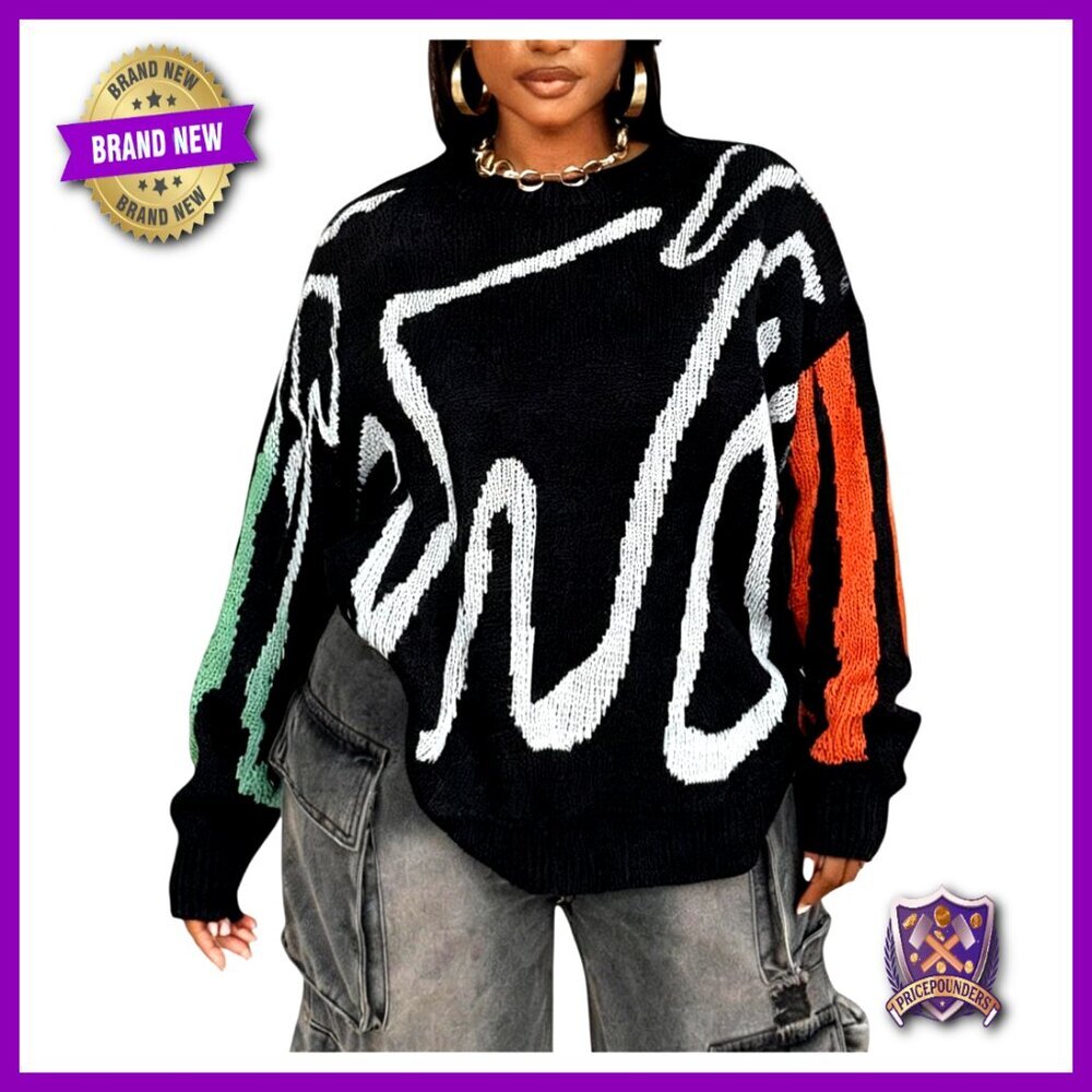 Plus Size Oversized Graphic Sweater Pullover Long Sleeve Crew Neck